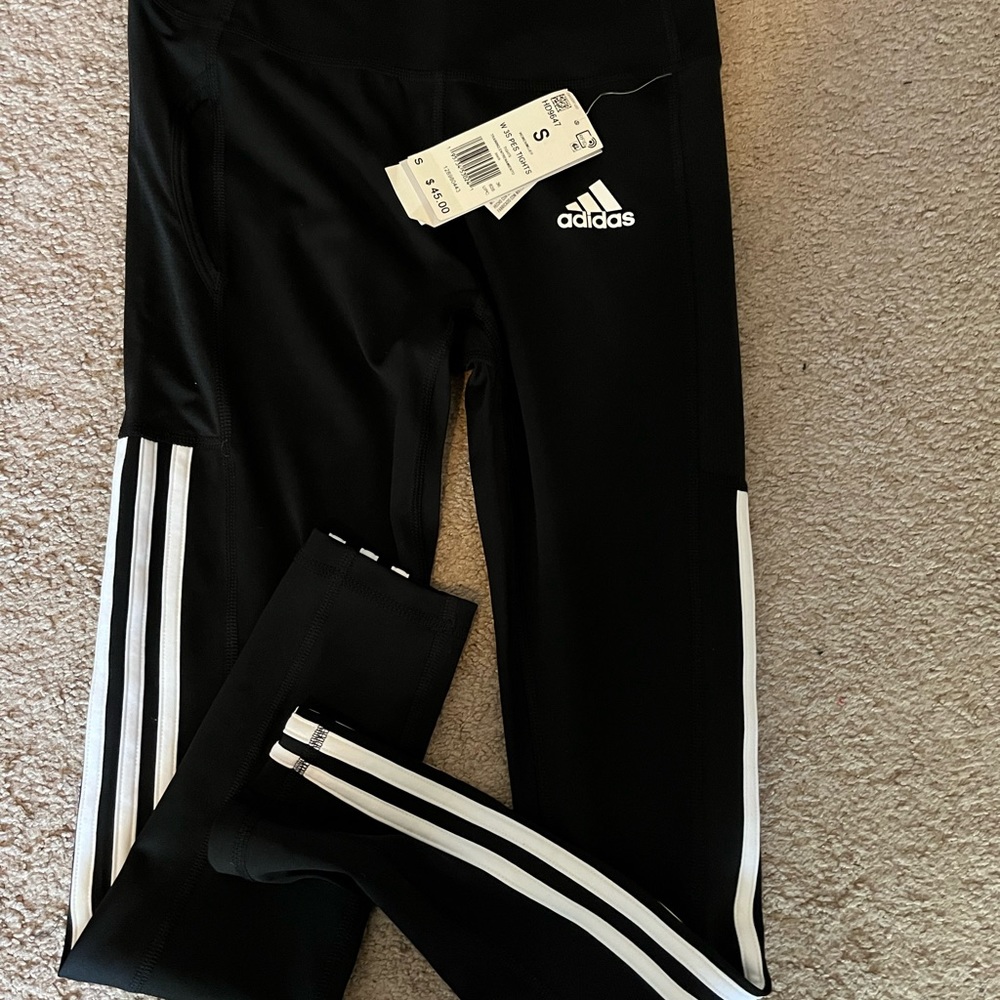 Adidas Tight Fit High Rise 7/8 style black leggings with 3 white stripes